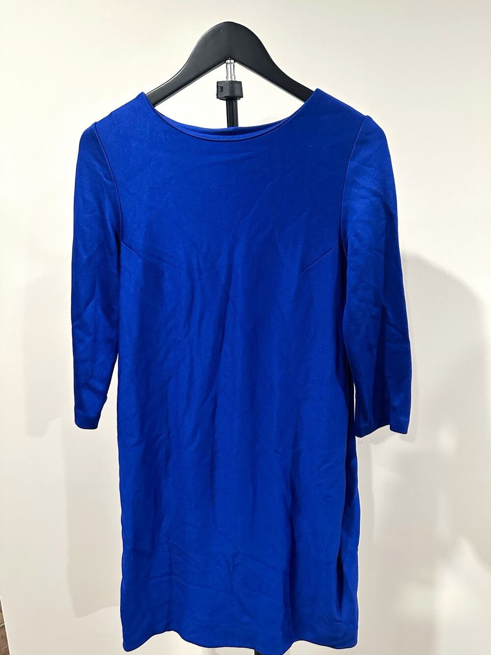 COS Blue Solid Sheath Short Dress XS Round Neck 3/4 Sleeve with pockets